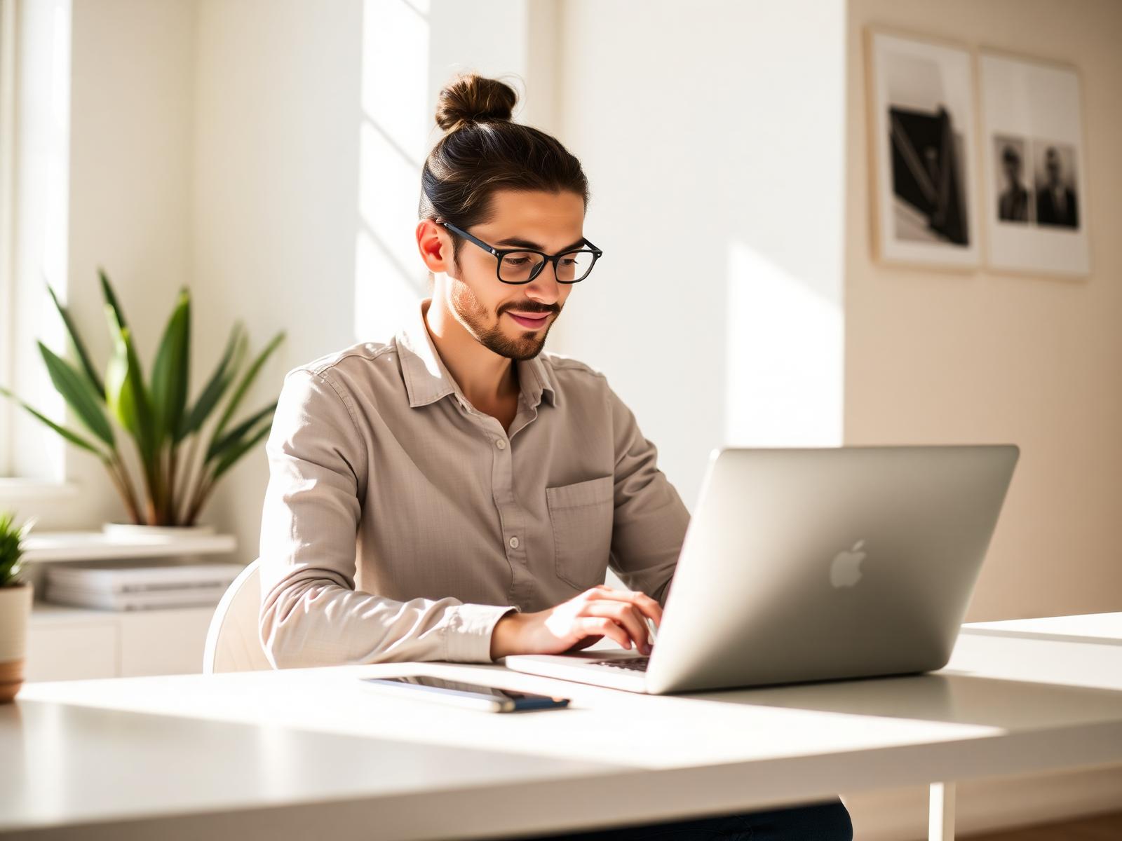 Professional using AI tools at a bright home office