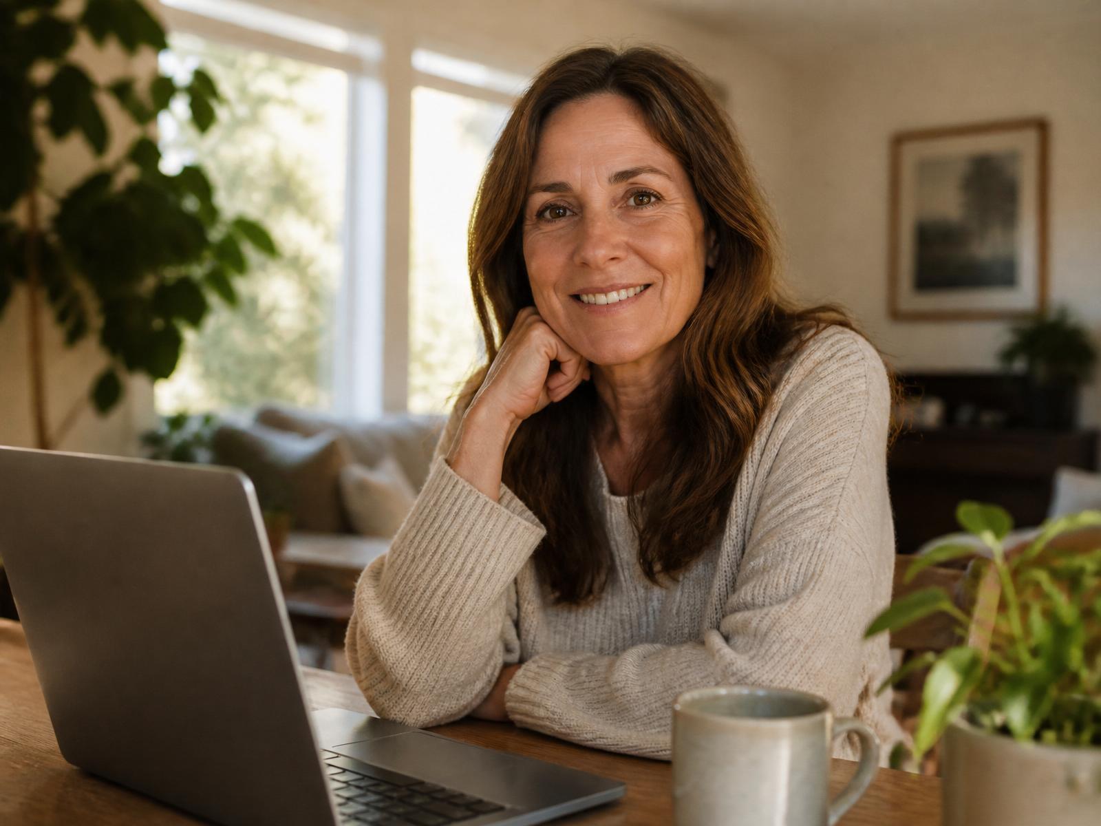 Woman working from home at a bright, cozy desk with a laptop and morning coffee